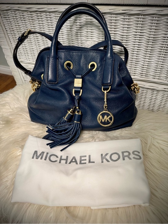 Michael Kors Handbags - Michael Kors Navy Leather Satchel with Tassel and MK Charm